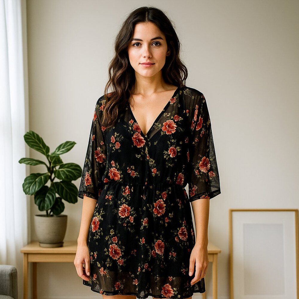Urban Girl 2X Sheer Black Floral Goblin Cover‎ Up Babydoll Top Kimono Beach Boho